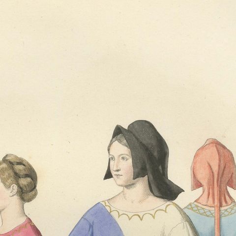 Medieval Women's Costumes c.1300, Hand-Colored Costume Plate, Mercuri 1845, close-up 5