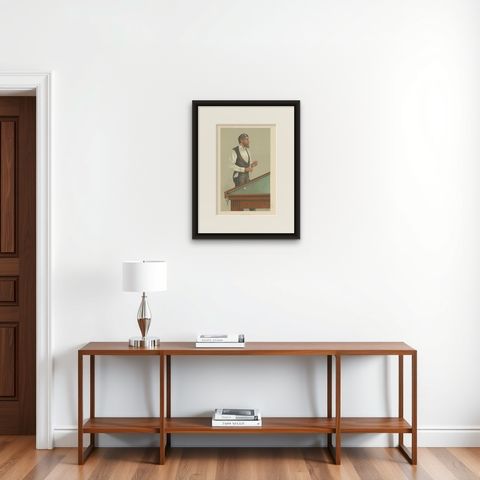 Elegance at Play: John Roberts Jr., Billiards Virtuoso, Vanity Fair 1885 by Spy, shown framed on a wall