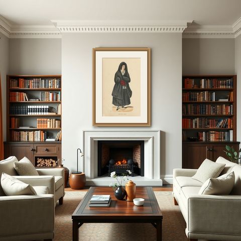Antique Costume Print of a Young Lady in Porto by Wahlen, 1843, shown framed in a room