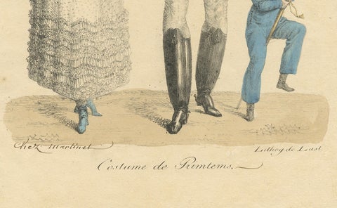 Costume de Printemps, Elegant Early 19th-Century French Fashion Engraving, close-up 1