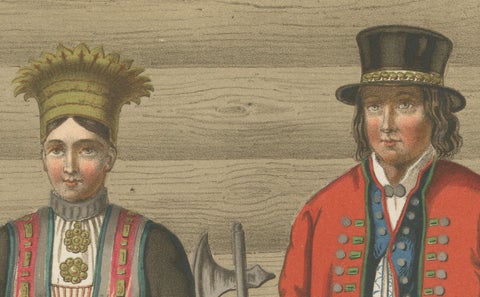 Norwegian Bride and Groom in Hardanger Dress, Antique Print, 1860s, close-up 4