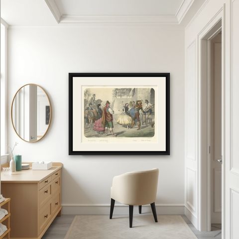 Spanish Dancers and Regional Costumes, Gitano and Valencian Figures, c.1845, shown framed in a room