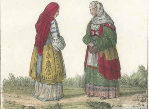 Greek Archon and His Wife with Athenian Peasant Women, Lithograph, 1842, close-up 2