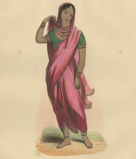 Elegant 1844 Lithograph of a High-Class Indian Woman in Traditional Saree, close-up 1