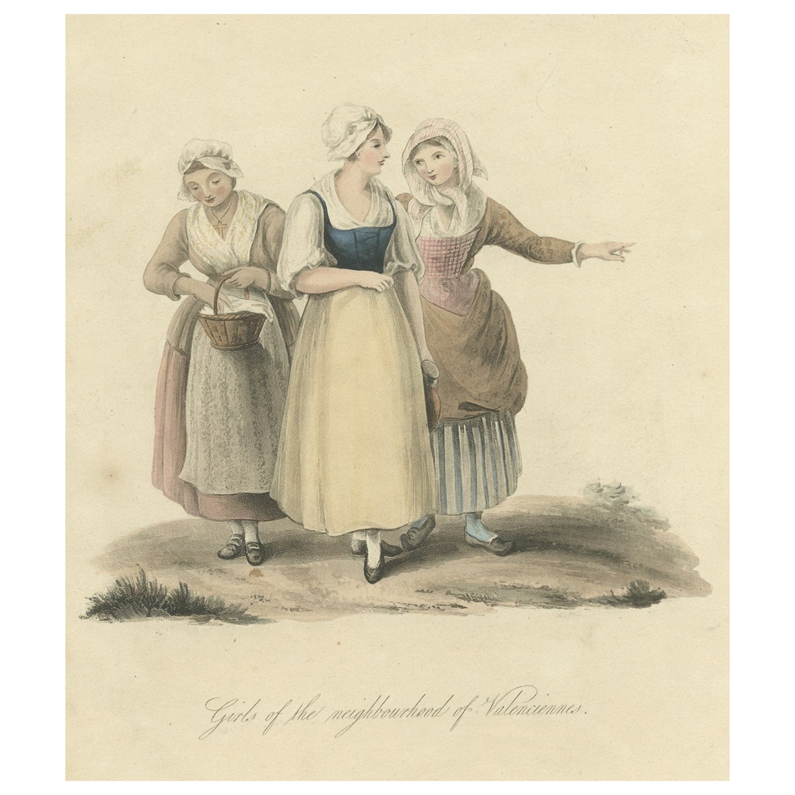 Antique Print of Girls of the Neighborhood of Valenciennes in Spain, 1817