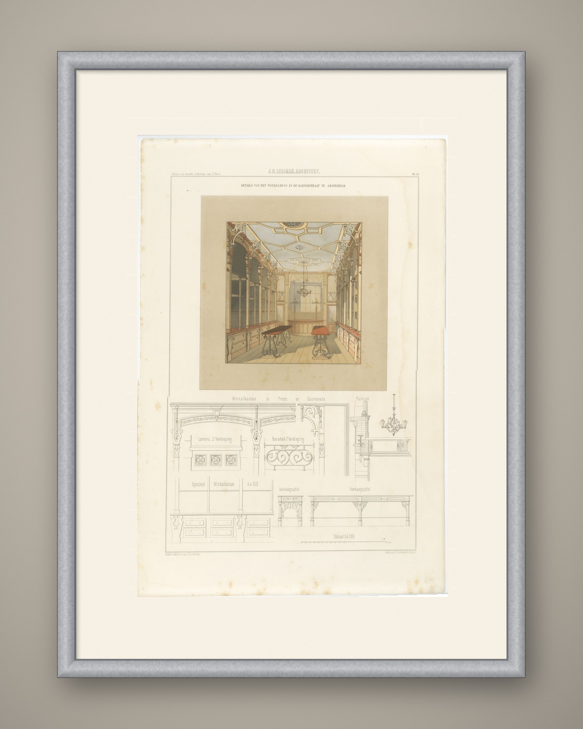 Kalverstraat Shop Interior, Dutch Architecture Print, Leliman, 1865-1866, shown framed