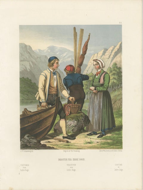 Norwegian Boatmen and Women in Sogn Costume, Scenic Folk Illustration, c.1860, close-up 6