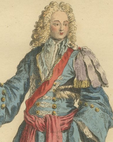 Duke of Burgundy in 1700, Hand Colored Jefferys Costume Engraving, 1757, close-up 1