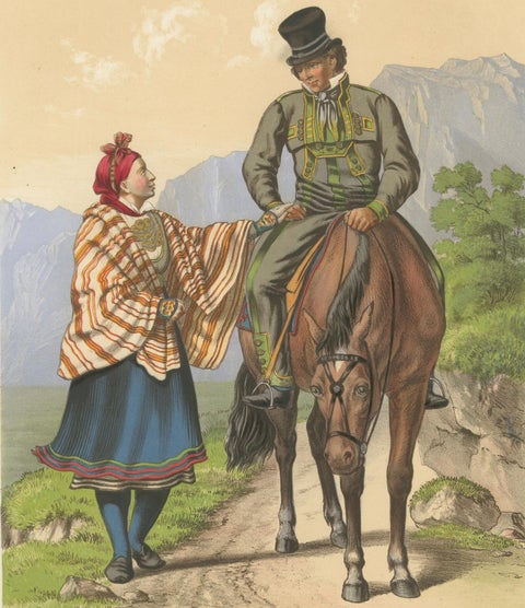 Setesdal Traditional Dress, Daily Wear from Norway, Antique Lithograph, c.1860, close-up 4