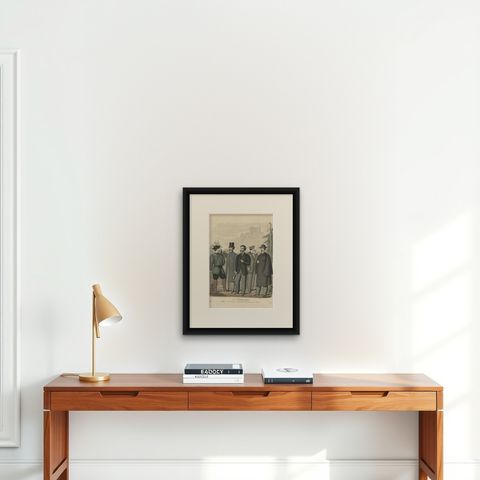 Old Fashion Print of Various Men Illustrating the Fashion Trends of May, 1862, shown framed on a wall