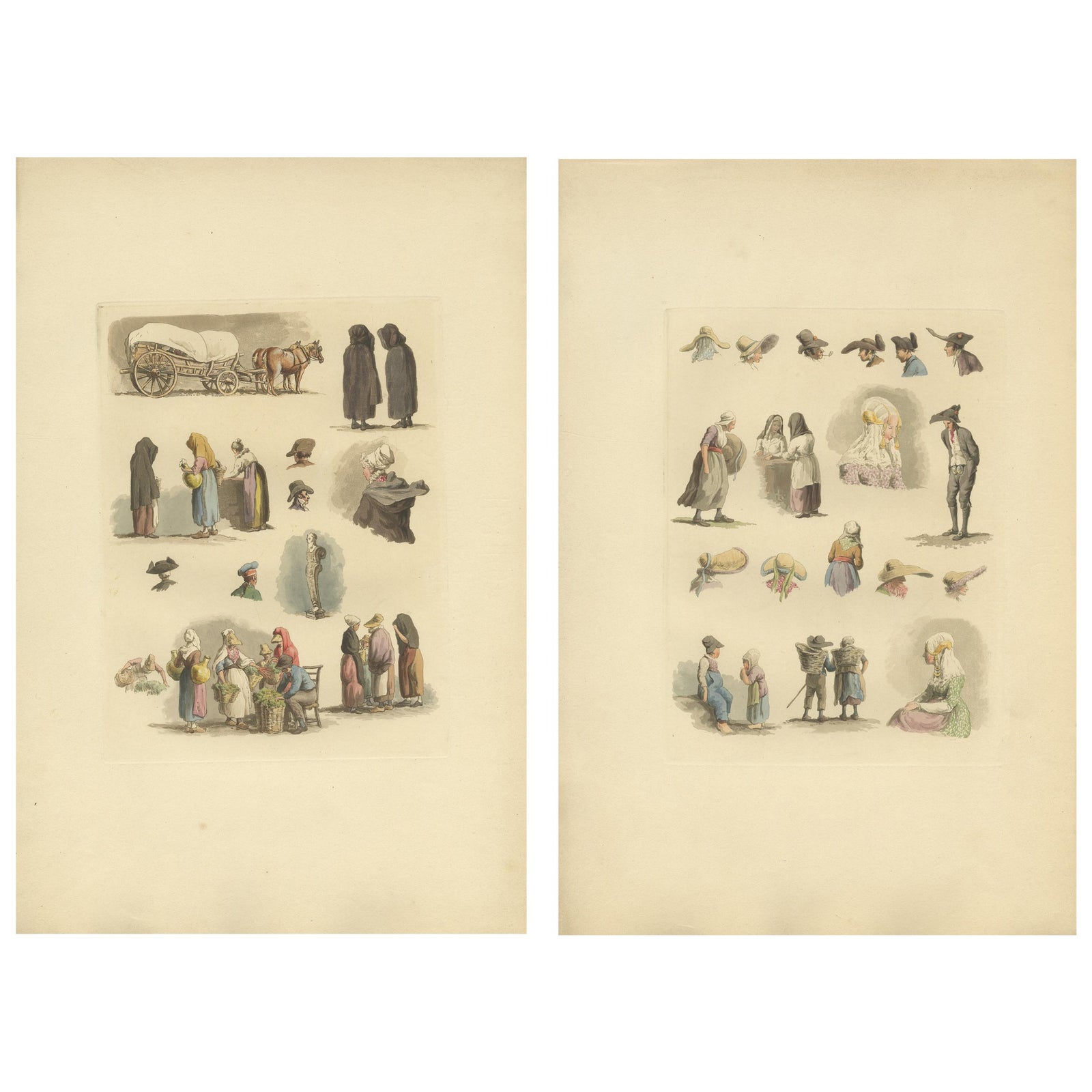Hand-Colored Prints of Dutch and Flemish Costumes, Figures and Headwear, 1820
