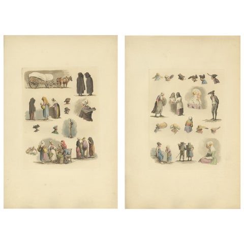 Hand-Colored Prints of Dutch and Flemish Costumes, Figures and Headwear, 1820