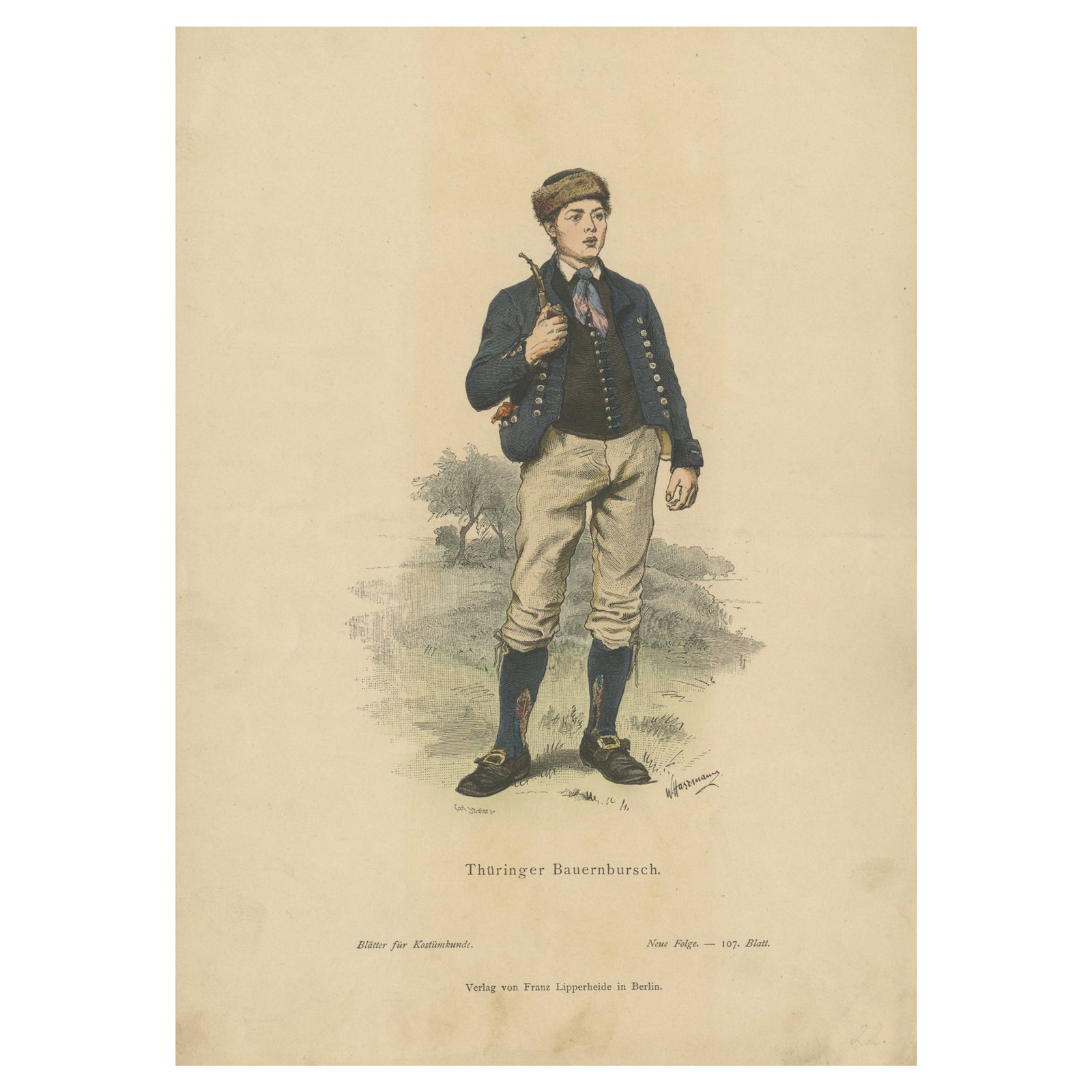 Antique Costume Print of a Peasant Boy from Thuringia in Germany, c.1880