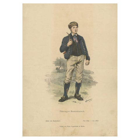 Antique Costume Print of a Peasant Boy from Thuringia in Germany, c.1880