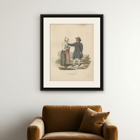 Antique Costume Print of Leksand in Sweden, circa 1864, shown framed on a wall