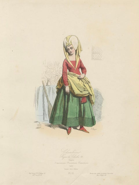 Antique French Costume Print of Medieval Chambermaid, Hand-Colored, 19th Century, close-up 4