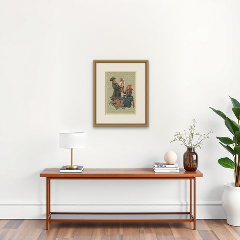 Hindeloopen Family with Painted Cradle, Dutch Costume, 1932, shown framed on a wall