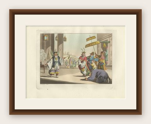 Chinese Peking Opera Scene, Ferrario Costume Print, Hand-Colored c.1815, shown framed