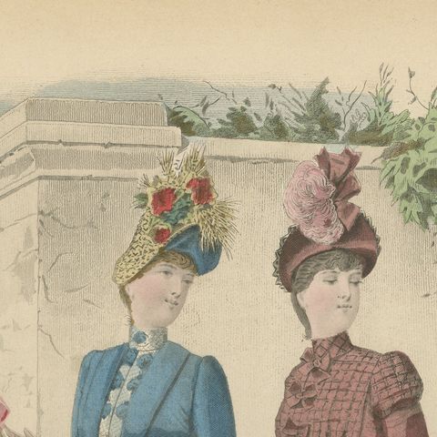 Antique French Fashion Plate, Elegant Ladies with Child, Garden Scene, c.1880, close-up 1