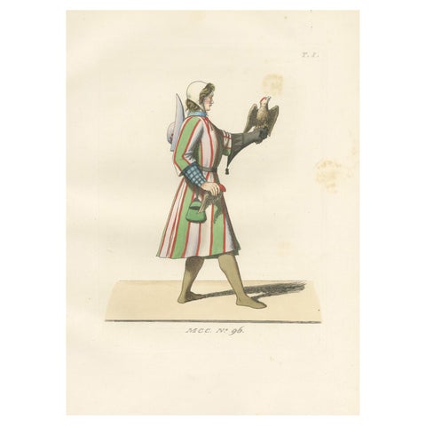 15th Century Falconry Costume, Falconer with Hawk, Antique Print 1845