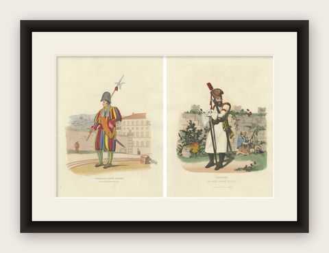 Papal Swiss Guard & Pioneer, Vatican Military Costumes, Polidori c.1820, shown framed