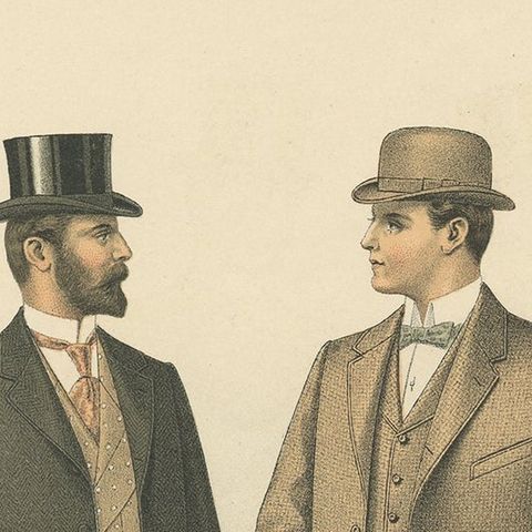 Old Fashion Print of Men Illustrating the Fashion Trends of the Summer of 1898, close-up 1