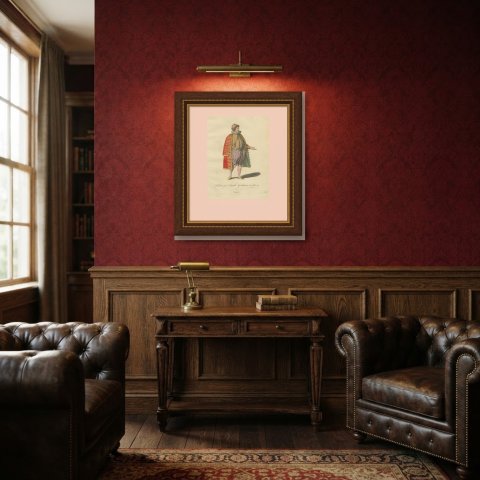 French Gentleman in 1581 with a Braided Red Coat, Jefferys Costume Plate, 1757, shown framed in a room