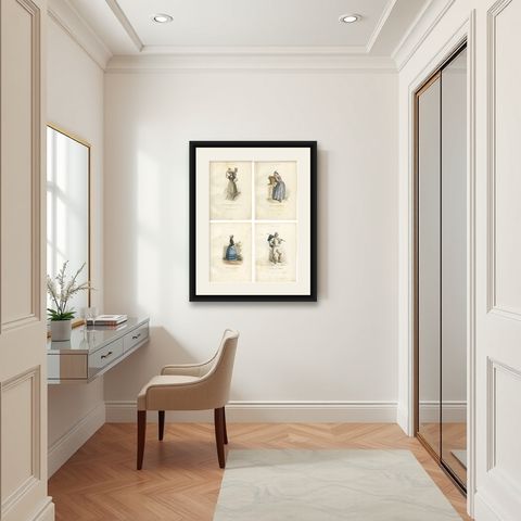 Set of Four Antique Portuguese & Madeira Folk Costume Engravings, circa 1850, shown framed in a room