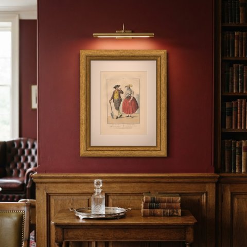 Well Pernelle, a Man with a Spade and a Young Woman, Dutch Costume Print, 1811, shown framed on a wall