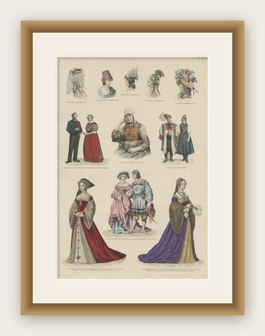 Decorative Print of Costumes of Hungary, England, Germany Holland Etc., C.1875, shown framed
