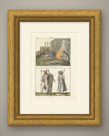 Family Asleep by the Hearth and Two Armed Warriors, Germania, 1842, shown framed