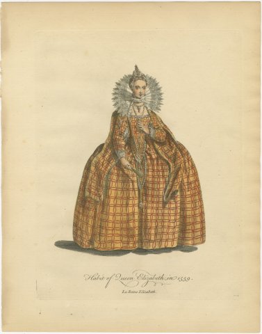 Habit of Queen Elizabeth in 1559, Hand Colored Jefferys Costume Plate, 1757, view 2