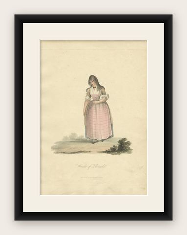 Antique Costume Print of a Dutch Woman from Broek in Waterland, 1817, shown framed