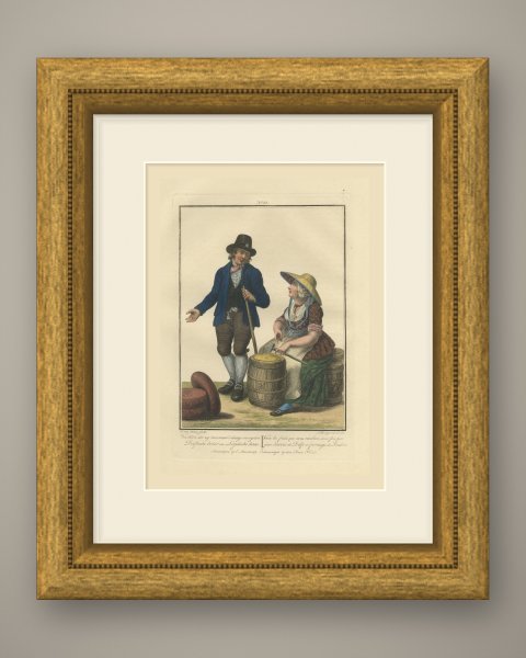 Delft Butter and Leiden Cheese, Dutch Costume Print, Maaskamp, circa 1820, shown framed