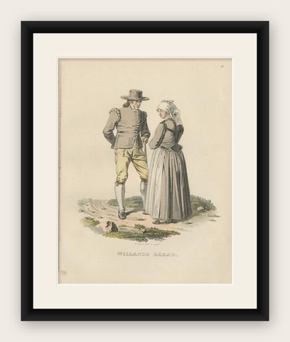 Antique Costume Print of Willands Härad in Sweden, c.1864, shown framed