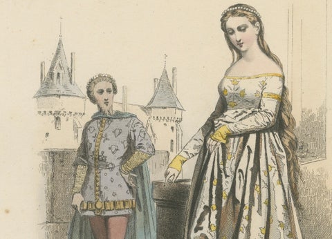 Antique French Print of Courtly Fashion, Reign of Charles V, circa 1860, close-up 2