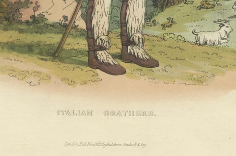 Costume Print: Italian Goatherd in the Hills, 1820s Hand-Colored Engraving, close-up 1