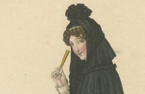 Woman in Traditional Madrid Dress, Hand-Colored Engraving, c.1820, close-up 3