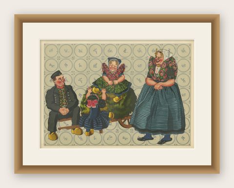 Axel Family in Traditional Costume, Zeeland-Flanders, 1930s Lithograph, shown framed