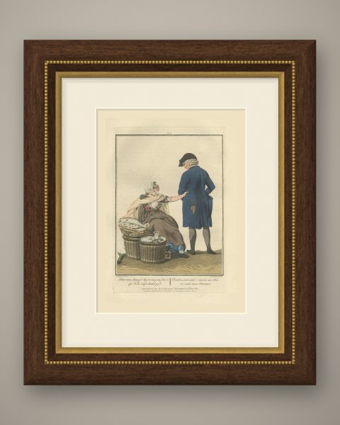 Fishwife asking an Extra Stuiver, Dutch Costume Print, 1811, shown framed
