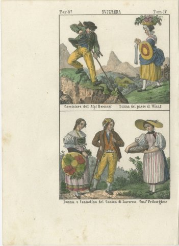 Swiss Costumes, Bernese Alps Hunter and Women of Vaud, Lucerne, Fribourg, 1842, view 2