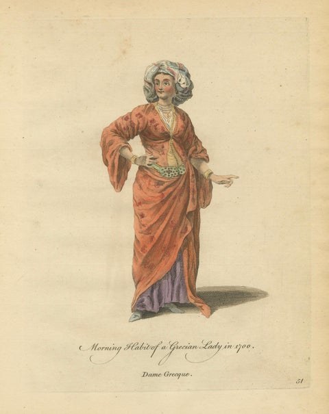Antique Costume Print Grecian Lady Morning Dress Jefferys, 1749, close-up 1