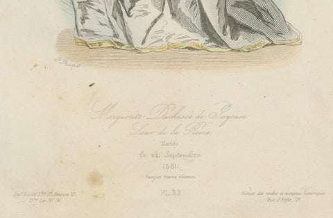 Antique French Costume Print of Marguerite Duchesse de Savoie, Renaissance Dress, close-up 1