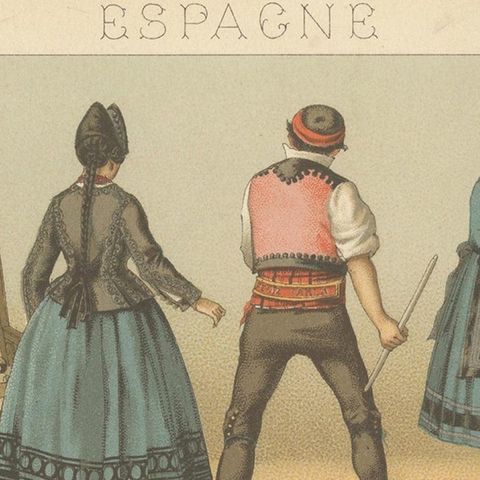 Pl. 175 Antique Print of Spanish Costumes by Racinet, 'circa 1880', close-up 1