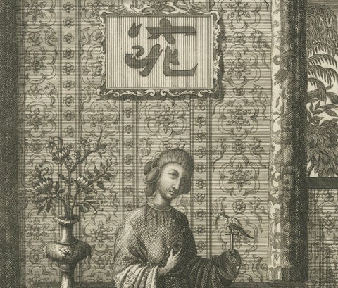 Antique Chinese Court Costume Engraving, Emperor & Palace Ladies, ca.1720, close-up 2