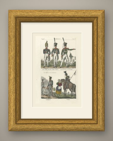 German Guard, Line and Chasseur Officers with an Artilleryman and Uhlan, 1842, shown framed