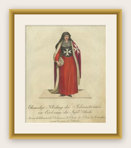 Pre-Rhodes Hospitaller Nun: 1791 Colored Engraving of Historic Ceremonial Dress, shown framed