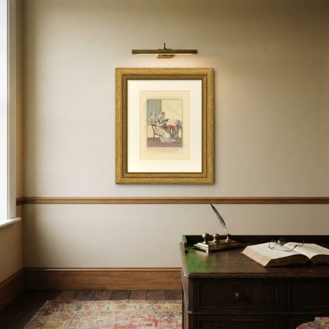 North Holland Lady in her Drawing Room, Dutch Costume Print, circa 1820, shown framed on a wall