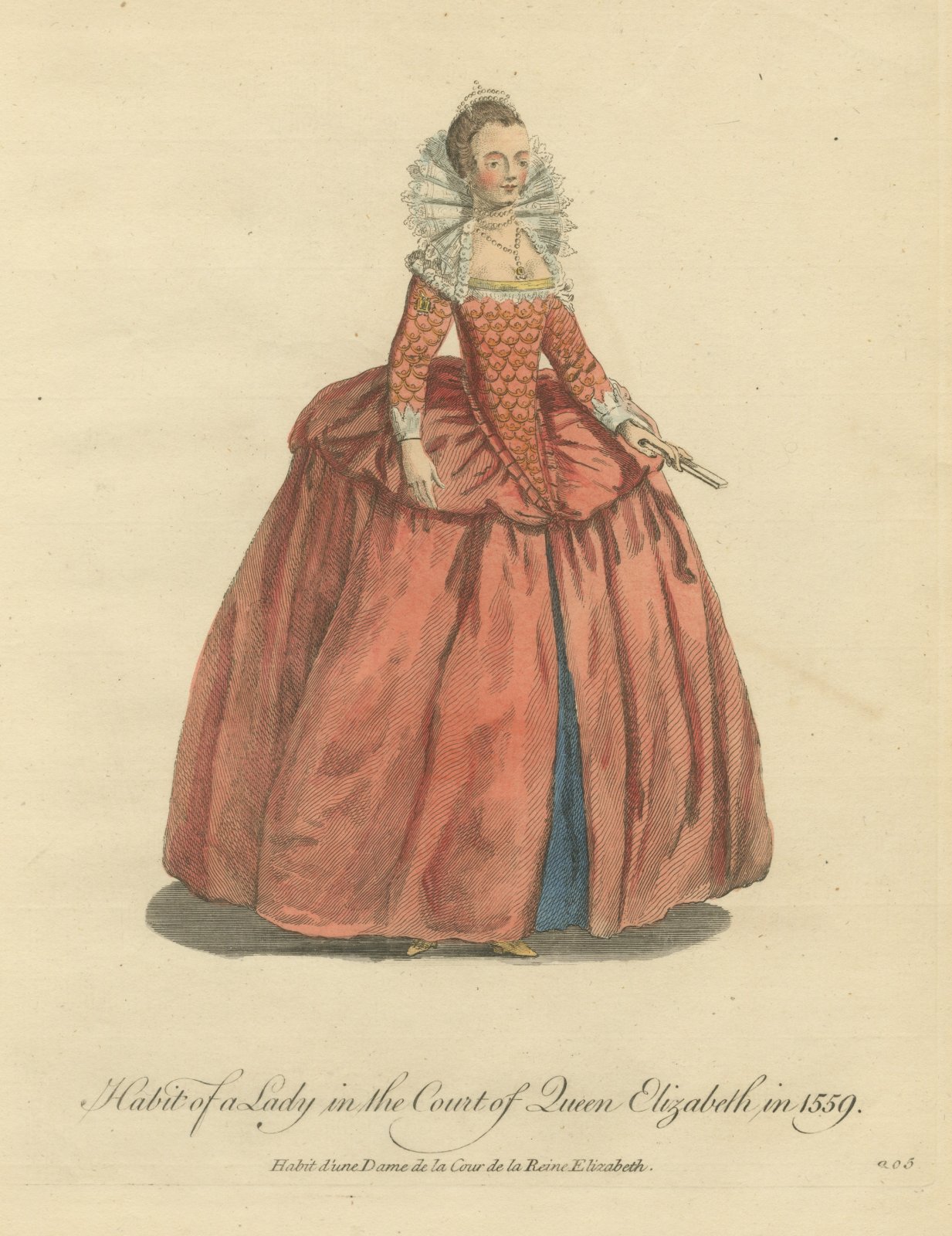 Lady in the Court of Queen Elizabeth in 1559, Jefferys Costume Plate, 1757