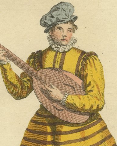 Young Gentleman of Brabant with a Lute in 1588, Jefferys Costume Plate, 1757, close-up 1